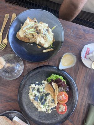 Mushroom French Toast & Carbonara Scramble Tofu (available until 1pm)  at Plant Bistro in Ubud