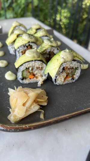 Avocado and teriyaki mushroom sushi - the best sushi I have ever tried. I will keep dreaming about this.  at Plant Bistro in Ubud