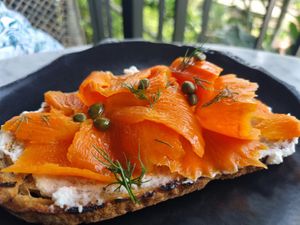 Salmon toast. That's carrot. at Plant Bistro in Ubud