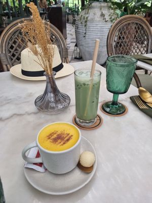 Matcha and golden latte at Plant Bistro in Ubud