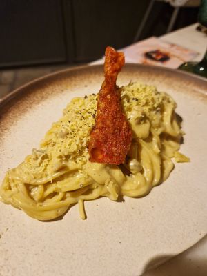 Carbonara with plant bacon at Plant Bistro in Ubud