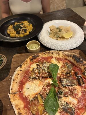 Pumpkin gnocci, calamari, and aubergine pizza   at Plant Bistro in Ubud