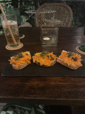 Bruschetta salmon and lychee iced tea   at Plant Bistro in Ubud