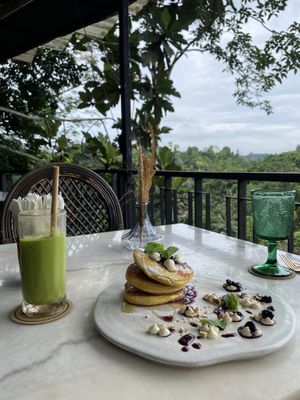 Blueberry pancakes and green smoothie   at Plant Bistro in Ubud