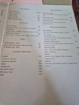 Menu at Plant Bistro in Ubud