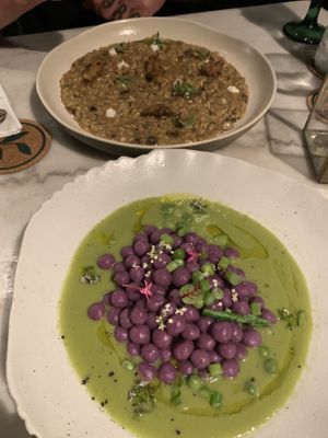 four mushroom risotto which they smoked with rosemary at our table, gnocchi with asparagus and peas   at Plant Bistro in Ubud