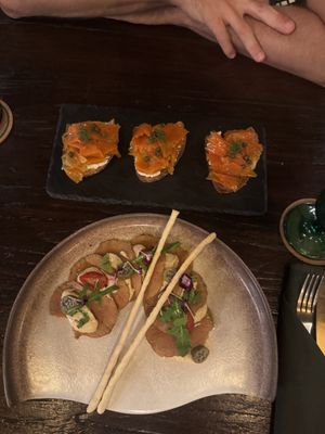 Vitello tonnato and salmon bruschettaa  at Plant Bistro in Ubud