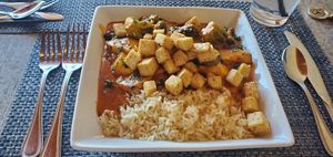 Thai Curry Vegan dish w/tofu at Blue Cow Cafe in Big Rapids