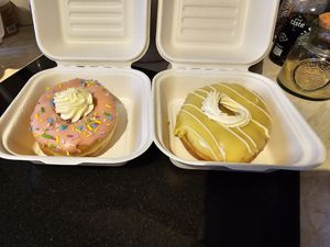 The Homer and Lemon and White choc at Golden Glaze Dougnuts  in Worcester