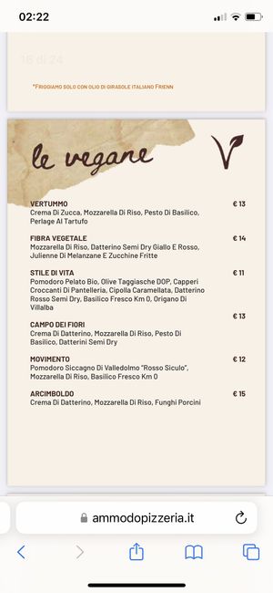 Menu delle pizze vegane  at Ammodo - La Pizza di Daniele Vaccarella in Palermo