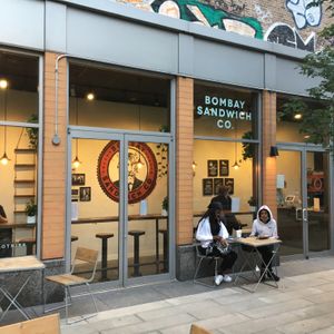 View from charming outdoor park next to venue. at Bombay Sandwich Co. in New York City