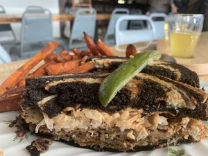 Rueben sandwich with sweet potato fries  at Buffalo Rouge Brewing in Kelowna