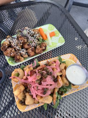 Smoked Cauliflower Wings with peanut satay sauce and Calamari   at Buffalo Rouge Brewing in Kelowna