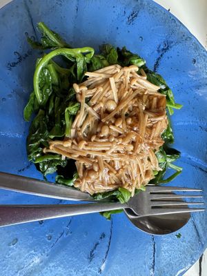 Braised Pea sprouts with enoki mushrooms   at Gong De Lin in Melbourne