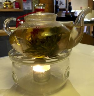 Double happiness flower tea at Gong De Lin in Melbourne