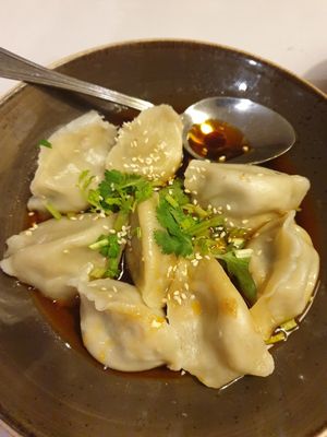 Veg dumplings in chilli sauce $12.80 - diced mushrooms+veg, beautiful sweet+spicy sauce, served a little lukewarm for my liking at Gong De Lin in Melbourne