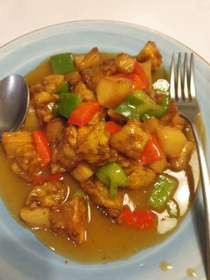 Stir-fried eggplant, potato, and capsicum $19.80 - my new favourite! at Gong De Lin in Melbourne