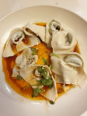 Veg wontons in chilli sauce: similar filling to dumplings but just less of it, delicious sauce $12.80 at Gong De Lin in Melbourne