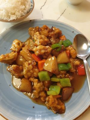 Stirfried eggplant, potato, capsicum 19.80 +3 with rice: really tasty sauce although a bit tangy at Gong De Lin in Melbourne