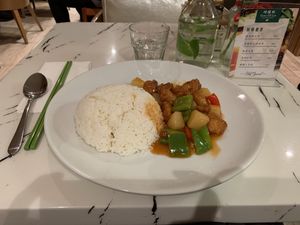 Sweet and sour “pork” on rice  at Gong De Lin in Melbourne