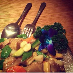 flowers in my food at Gong De Lin in Melbourne