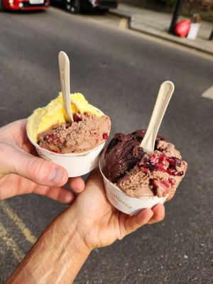 Mango, black cherry praline and chocolate sorbet. at Gelateria Romeo & Giulietta in North London