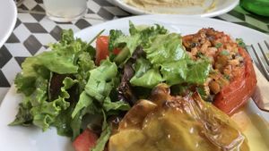 Stuffed peppers and tomatoes with salad  at Rosemary in Skopelos