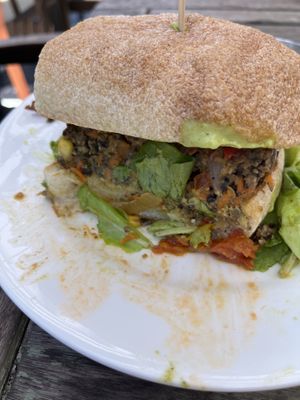 Black bean burger (only showing part)  at veg+ in Hudson