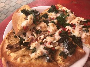 Terranean Pizza (we added vegan cheese)  at Mead's Green Door Cafe in Orange