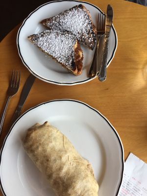 french toast and burrito at Mead's Green Door Cafe in Orange