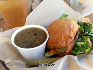 burger veganized without the cheese, soup of the day and their delicious Sport Tea! at Mead's Green Door Cafe in Orange