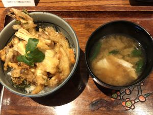 Today’s lunch is Yuba no kakiage or soy milk skin and veggies tempura and a piping bowl of soup.    at Harada Tofu Shop in Ashikaga