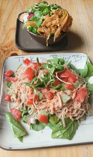 Pad Thai and kimchi grain bowl at Superfresh Organic Cafe in Brattleboro
