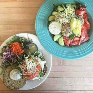 Mushroom Burger & Raw Falafel Salad at Superfresh Organic Cafe in Brattleboro