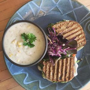 Potato Corn Chowder and Pesto Melt on Baked Bread at Superfresh Organic Cafe in Brattleboro