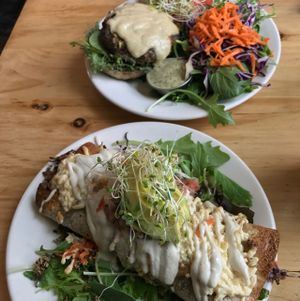 Burrito and Mushroom Burger!  at Superfresh Organic Cafe in Brattleboro