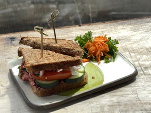 Roxy beet hummus sandwich   at Superfresh Organic Cafe in Brattleboro