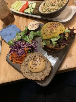 Mushroom burger with chipotle aioli and side salad with lemon tahini ?  at Superfresh Organic Cafe in Brattleboro