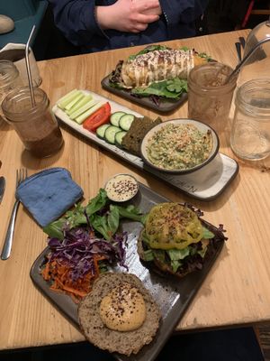 Mushroom burger, spinach kale dip, and burrito with mushroom pâté at Superfresh Organic Cafe in Brattleboro