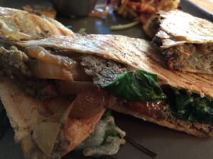Mushroom quesadilla close up at Superfresh Organic Cafe in Brattleboro