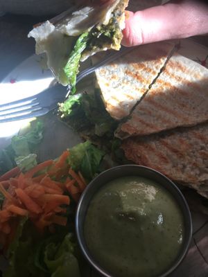 Quesadillas with pesto sauce at Superfresh Organic Cafe in Brattleboro