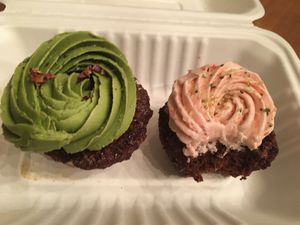 Chocolate cupcakes, left with matcha, right with local strawberry frosting!  at Superfresh Organic Cafe in Brattleboro