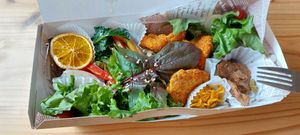 Bento. Most food is hidden under the salad in the photo at Tomoe Kitchen in Kiryu