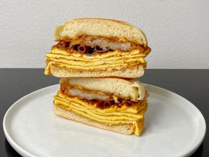Bakon VgMuffin (plated at home) at Dada's Plant-Based Burgers & Breakfast in Seattle