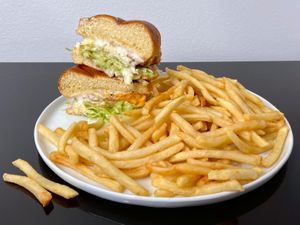 Fsh Filet + large fries (plated at home) at Dada's Plant-Based Burgers & Breakfast in Seattle