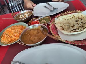 Vegan butter chicken, biriani and vegan garlic nan. at Bombay Palace in Hua Hin