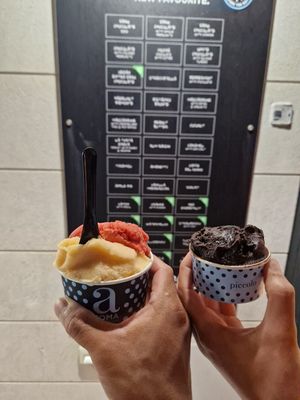 Melon + Strawberry | Extra Dark Chocolate (vegan) at aROMA Gelato in Baska