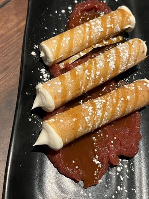 Vegan cheesecake wonton cannolis with tart cherry and caramell  at Dharma Bums in New Hope