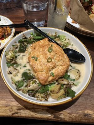 Pot pie. The biscuit alone is worth ordering this    at Dharma Bums in New Hope