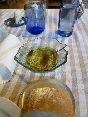 “Vegan fried egg” (sulphuric salt and evoo) they gave with bread to start - very nice touch   at Casa Xurde in Las Arenas